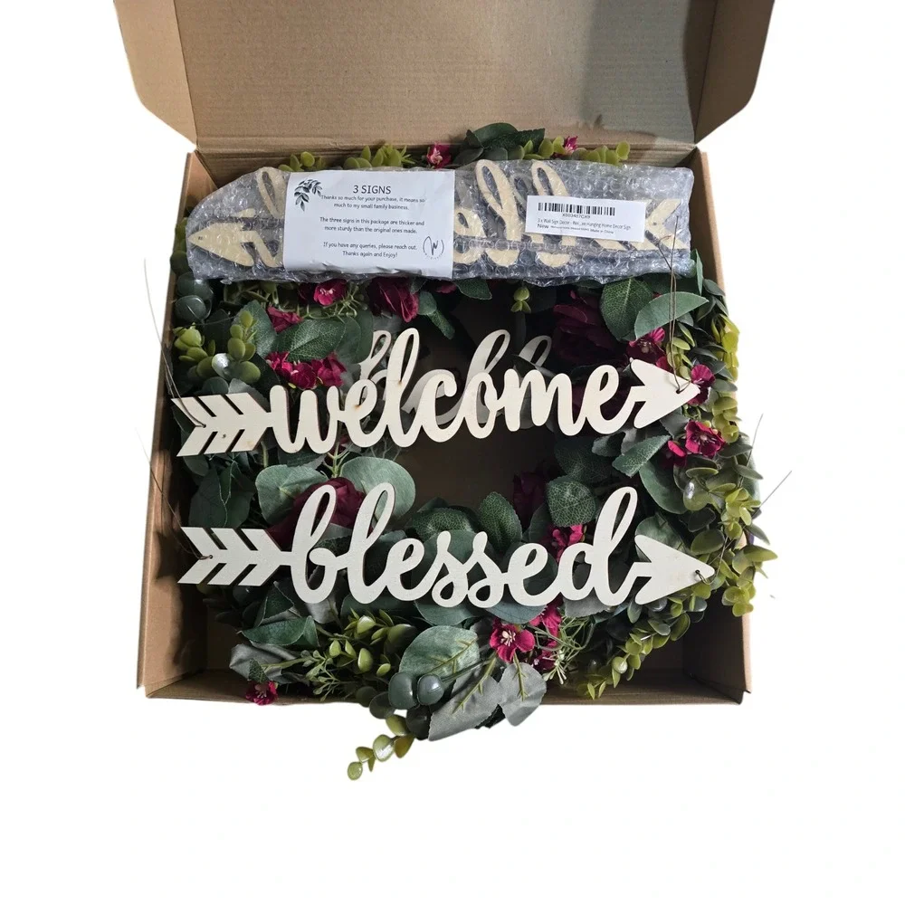 Hello Blessed Welcome Floral Wreath Front Door Decor Artificial Flower Wreath